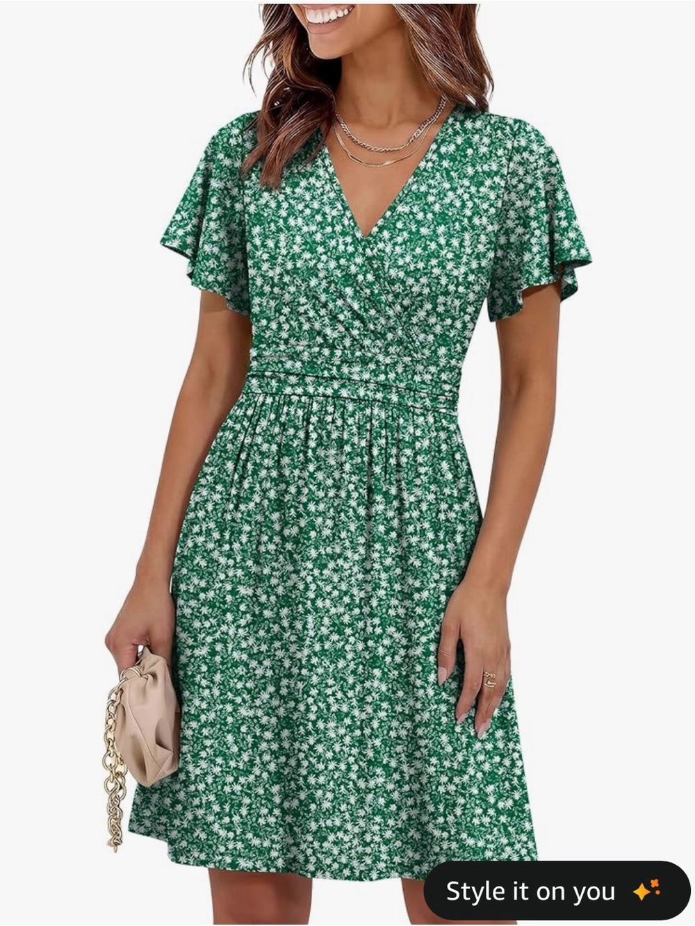 Green Floral V-Neck Wrap Midi Dress